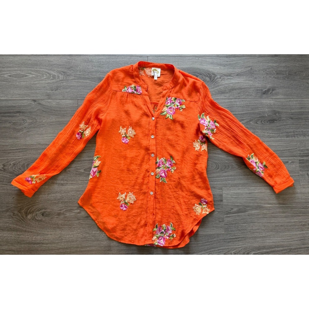 Anthropologie Fig & Flower Tunic Women Sz M Embroider Floral Gauze Button Up Top